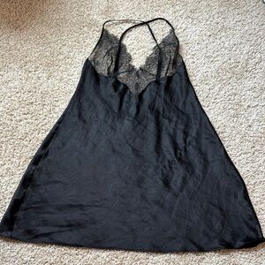 Victoria's Secret Black Satin Chemise with Lace Trim